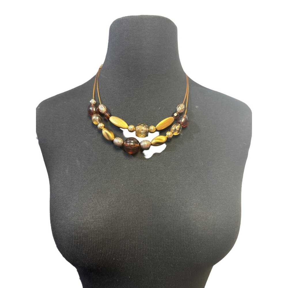 Goldtone, Amber Animal Print Beaded Layered Necklace 18 inch
